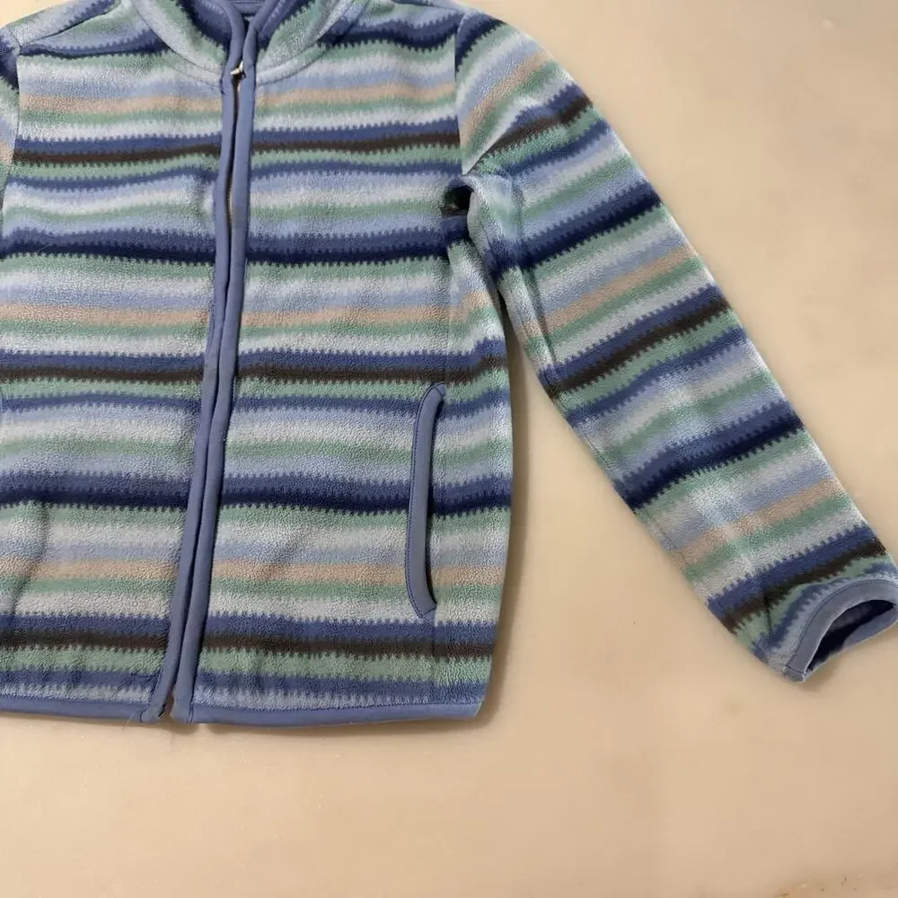 Uniqlo Kid's 7-8 Fleece Jacket Striped Blue Full Zip Mock Neck Pocket Outerwear